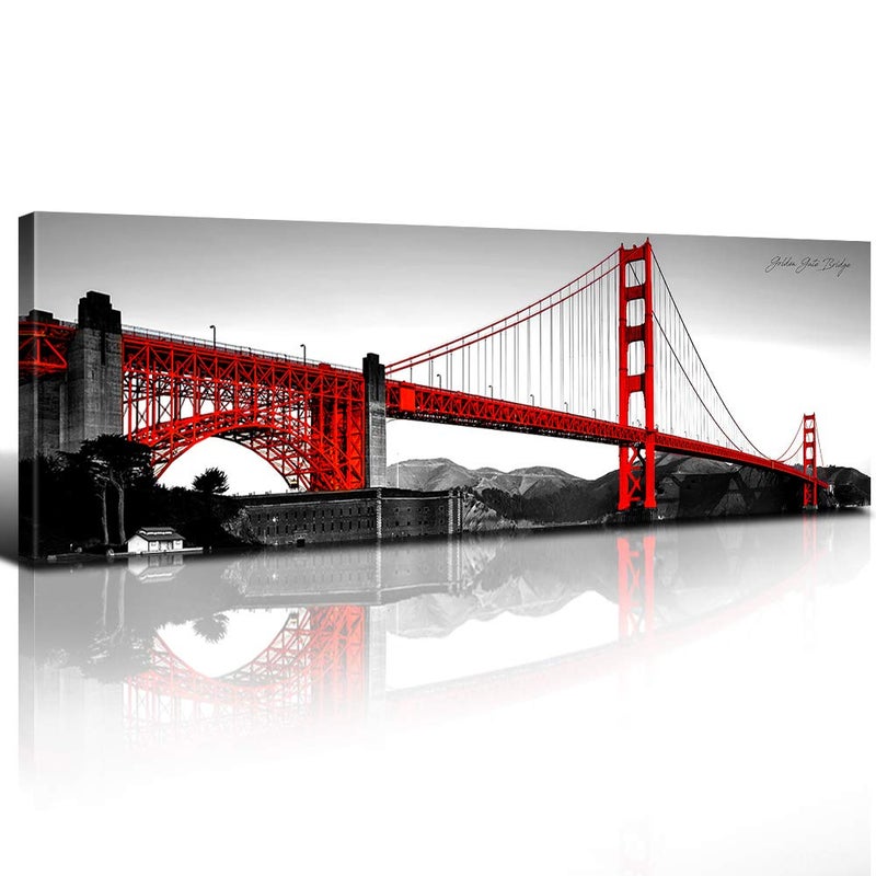 sunfrower San Francisco Golden Gate Bridge Wall Art Modern Canvas Prints Cityscape Pictures for Living Room Bedroom Decor Red Black and White California City Wall Paintings Artwork Office Home Decorations - Image 1